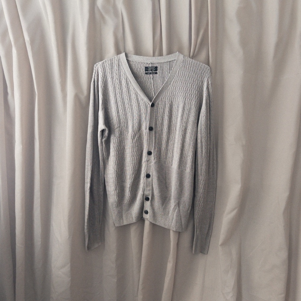 AllSaints Spitalfields Cable Knit Cardigan Gray V-Neck Button Up Sweater Medium